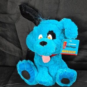 Six Flags Blue Plush Dog RARE Stuffed Animal‎ Winner Prize Souvenir Toy 12" Y2K